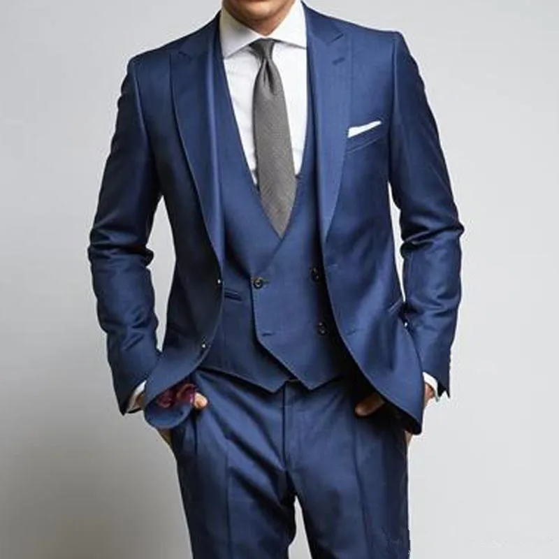 Темно-синие свадебные мужские смокинги, одежда для жениха, классический стиль, остроконечные лацканы, 3 предмета, деловые вечерние мужские блейзеры(пиджак+ брюки+ жилет