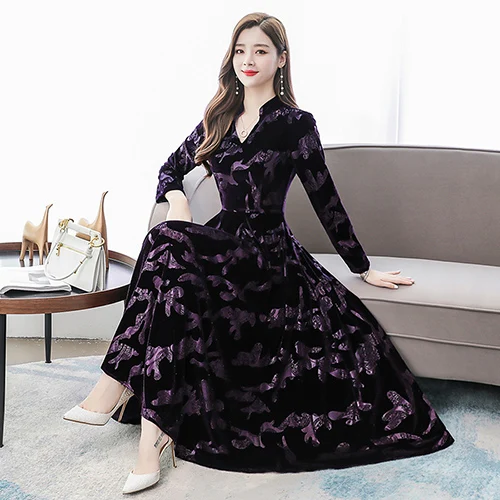 Винтажные однотонные бархатные миди платья осень зима 3XL плюс размер платье макси с длинным рукавом элегантные женские облегающие вечерние платья - Color: Dark Purple