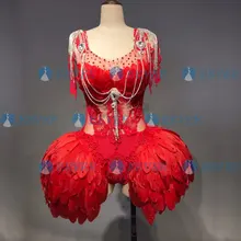 Красное Перо сетка боди Стразы купальник ГОГО Одежда для танцев для женщин бар певица сценические вечерние танцевальный костюм для праздника платье