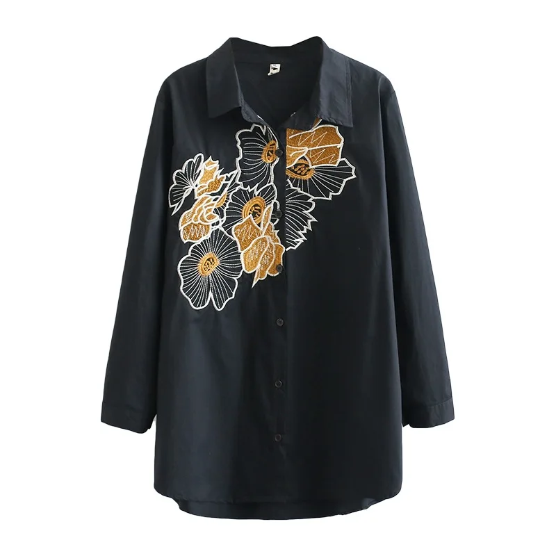 Shirts Clothing Blouses Oversize Long-Sleeve Women Ladies Autumn 9013 Embroidery Floral-Tops