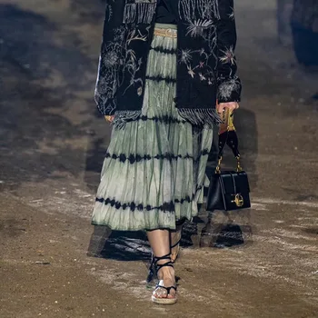 

2020 SS Runway Designer Maxi Skirt High Waist Big Swing Elegant Retro A-Line Skirt Tie-Dye Print Pleated Long Skirts