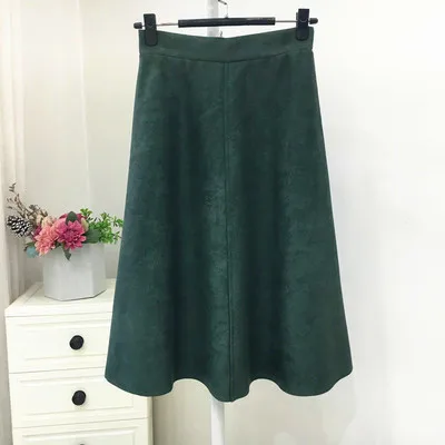 Женская замшевая юбка средней длины, теплая зимняя винтажная трапециевидная юбка, черная юбка средней длины с высокой талией для женщин, Женская Корейская желтая Осенняя юбка - Цвет: DarkGreen