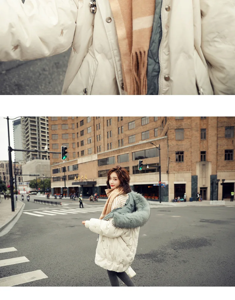 Winter Deconstructable Large Fur Collar Mixed Colors down Jacket H Type Loose Mid-length Hooded Thick down Jacket Women's