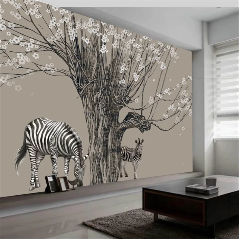 wellyu Custom large mural hand-painted Nordic beautiful zebra cherry tree sofa bedroom background wallpaper | Обустройство дома