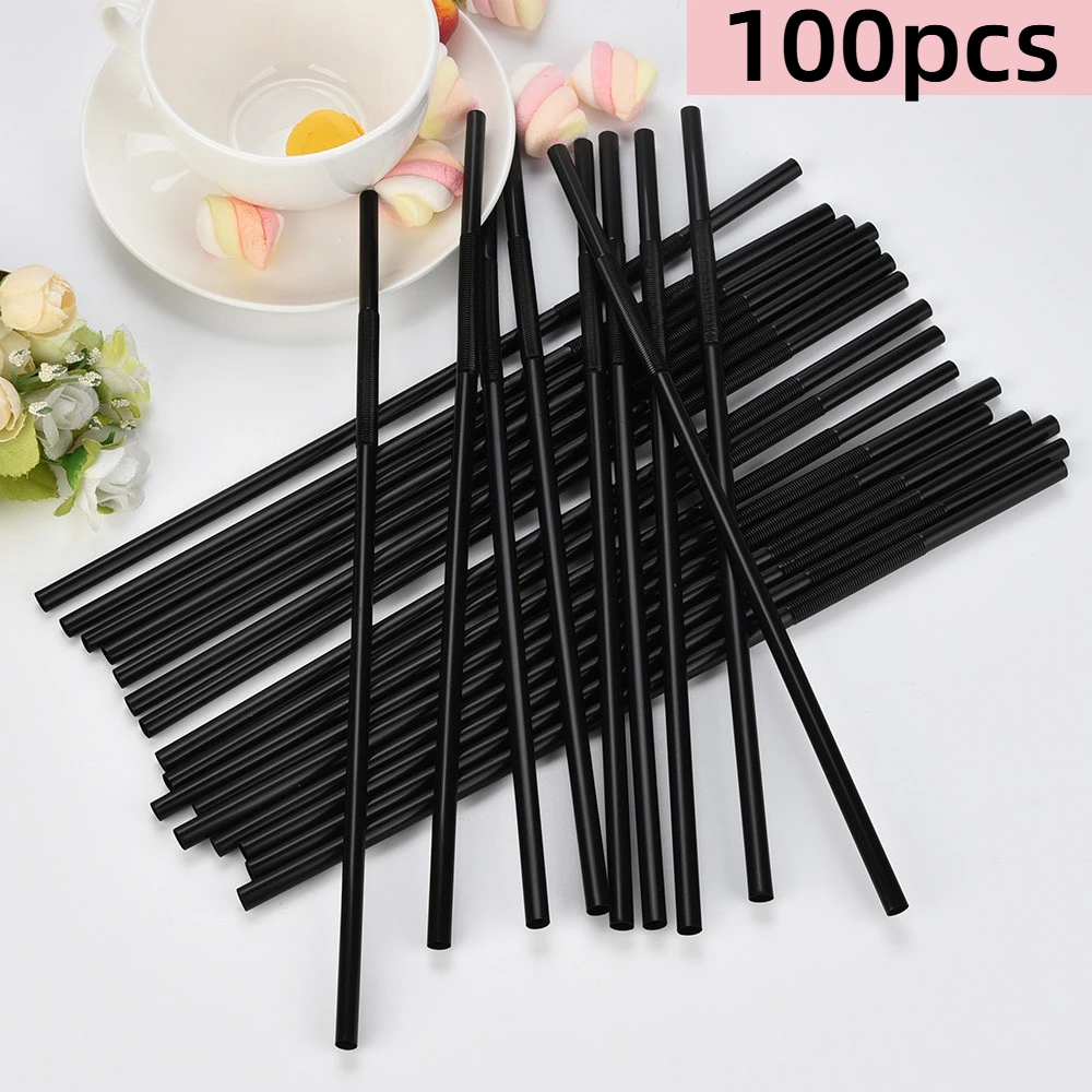 100Pcs Drinking Straws 210/256/260mm Black Long Flexible Drinking Plastic Straws Wedding Party Event pajitas plastico disposable plastic straws