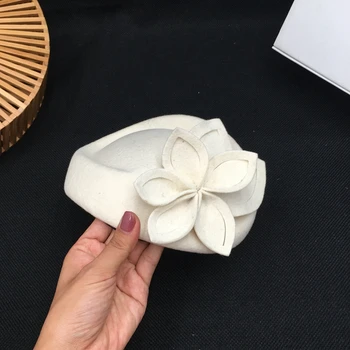 

French elegant hat decorated female royal party stage beret high set wool ladies celebrity temperament aristocratic hat white