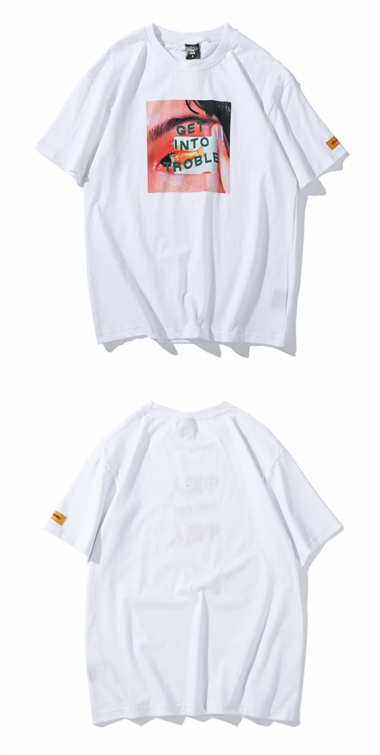T Shirt Mens Hip Hop Printed Tshirt Streetwear Summer Cotton Harajuku T-Shirts Short Sleeve Tops Tees Street Wear White