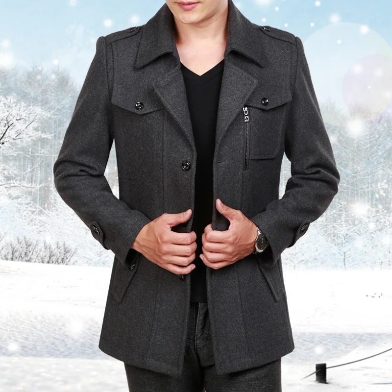 New Fashion Men Middle Long Scarf Collar Cotton-padded Winter Thick Warm Woolen Jacket Coat Male Trench Coat Overcoat