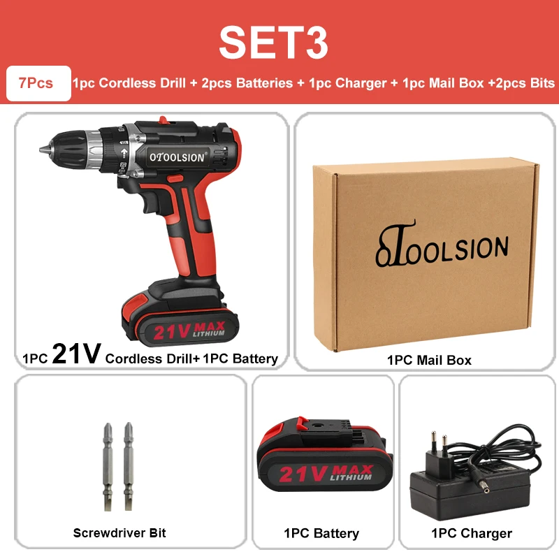SET3 (2 pc battery) Новинка, 21 в, Аккумуляторная дрель, аккумуляторная отвертка, электрические инструменты, электрическая отвертка, инструменты, электрические для дерева, умственная керамика, рабочие - Цвет: SET3 (2 pc battery)