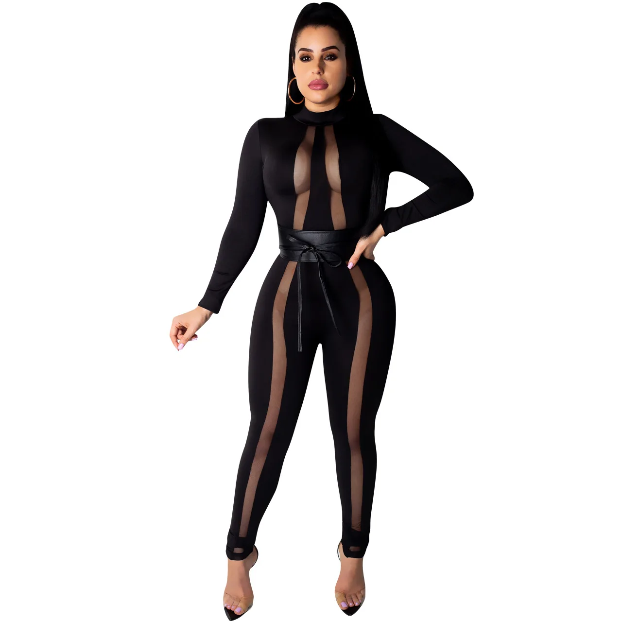 Transparent Mesh Patchwork Back Cut Out Sexy Overalls for Women Black PU Belt One Piece Jumpsuit Long Sleeve Bodycon Club Romper - Цвет: Black