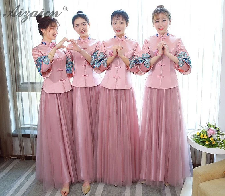 Оригинальный ретро длинный Cheongsam Современные платья для сестер Qi Pao Женская традиционная китайская одежда платье Qipao розовое платье
