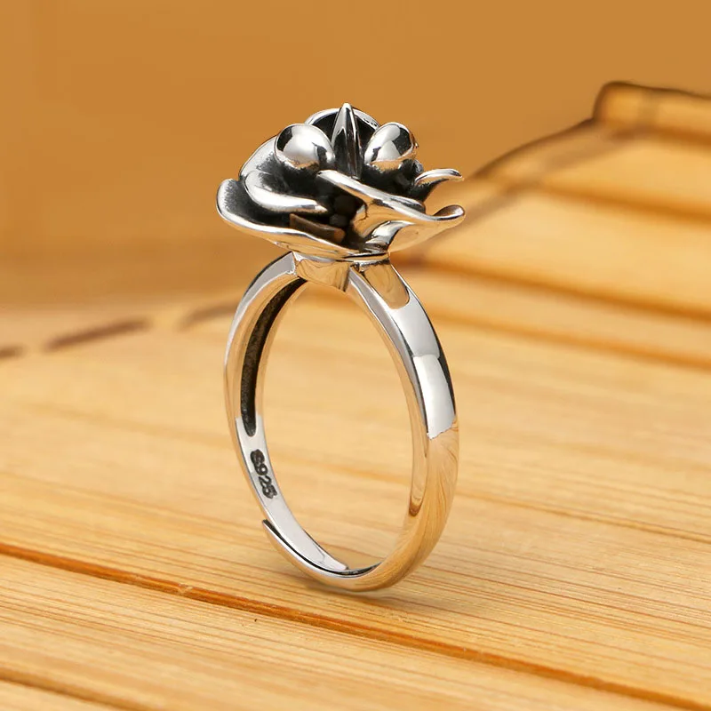 Rosa de plata esterlina 925 Anti-Lobo-anillo de diseño Individual Simple y hermosa Retro Anti-Lobo anillo