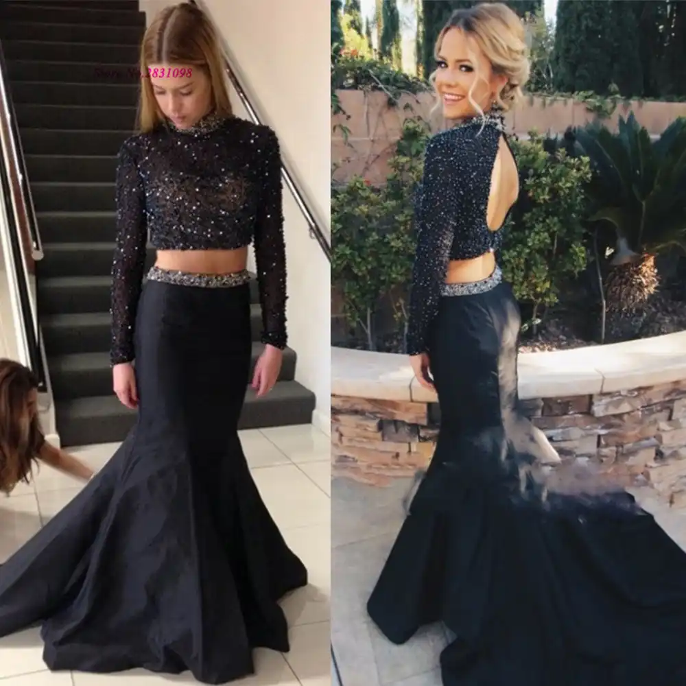 black two piece prom dress long sleeve