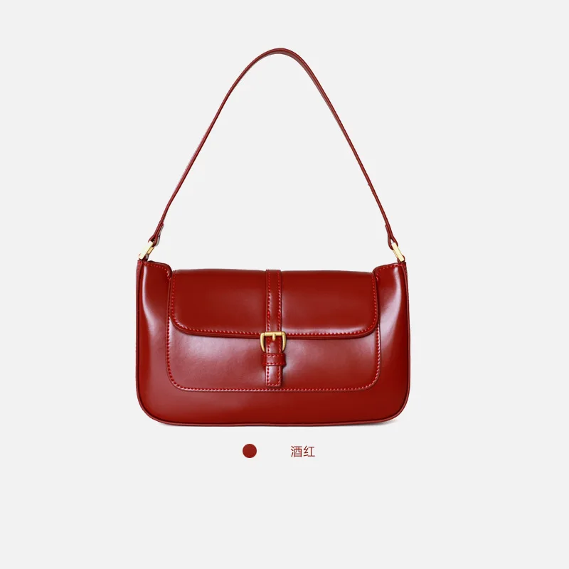Winter New Retro Cow Leather Baguette Bag Under The Shoulder Shoulder Bag Female - Color: claret