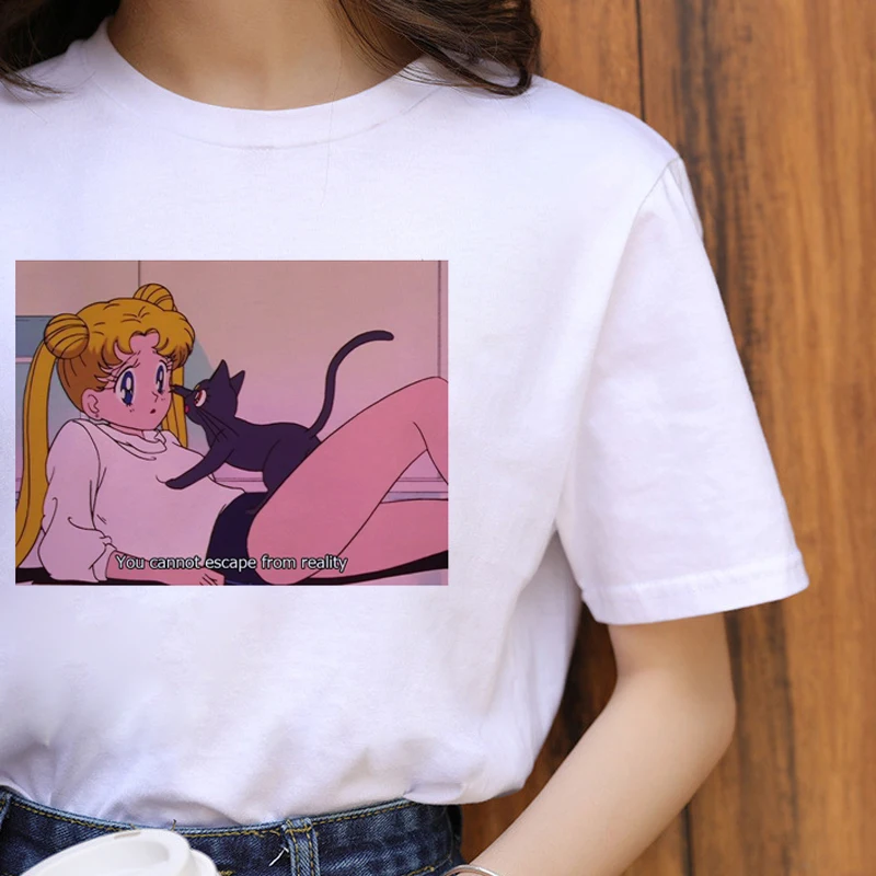 Sailor Moon Kawaii Harajuku футболка женская Ullzang забавная футболка с рисунком аниме кошки 90s корейский стиль Футболка Модный Графический Топ Женская - Цвет: 7002