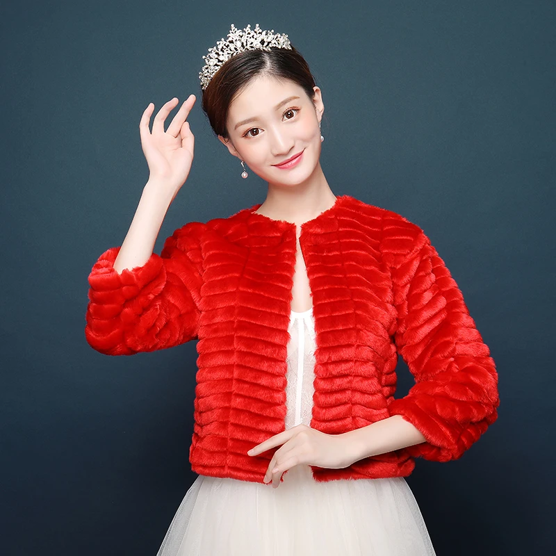 Wedding Dress Accessories Faux Fur Wedding Coat Wrap Shrug Bolero Red Pink Autumn Winter Coat Thick Warm Fur Wedding Jackets