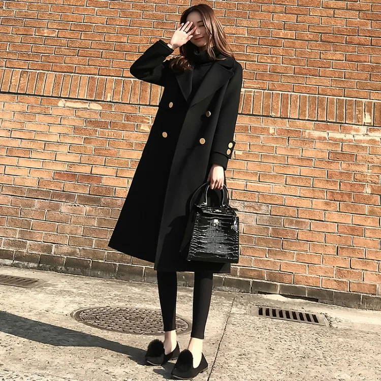 

2020 New Korean Women's Black Woolen Coat Autumn Winter Long Slim Bouble Breasted Outwear Female Wool Overcoat Jacket