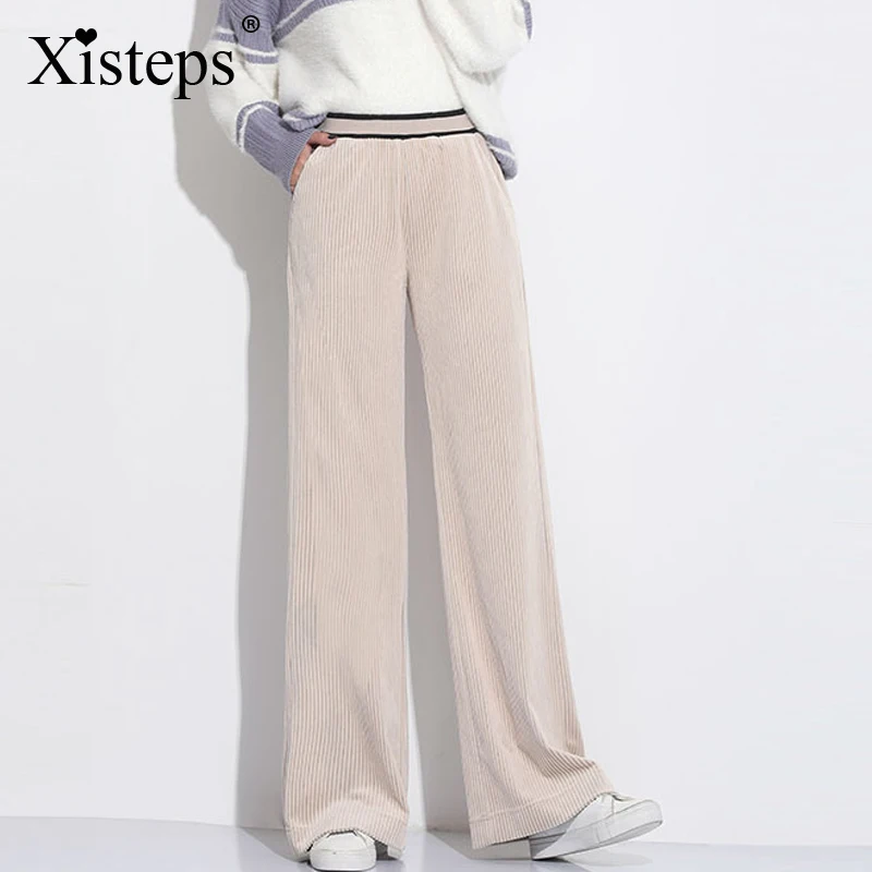 

Xisteps New 2020 Corduroy Warm Elastic High Waist Corduroy Women Pants Female Wide Leg Loose Elegant Solid Color Winter Trousers