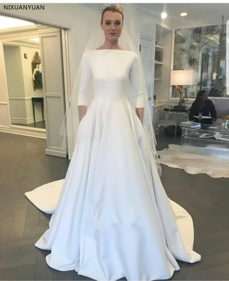 

Simple Bridal A Line 2019 Wedding Dresses with Three Quarter Sleeve New Meghan Markle Style Vintage Bateau Covered Buttons Back