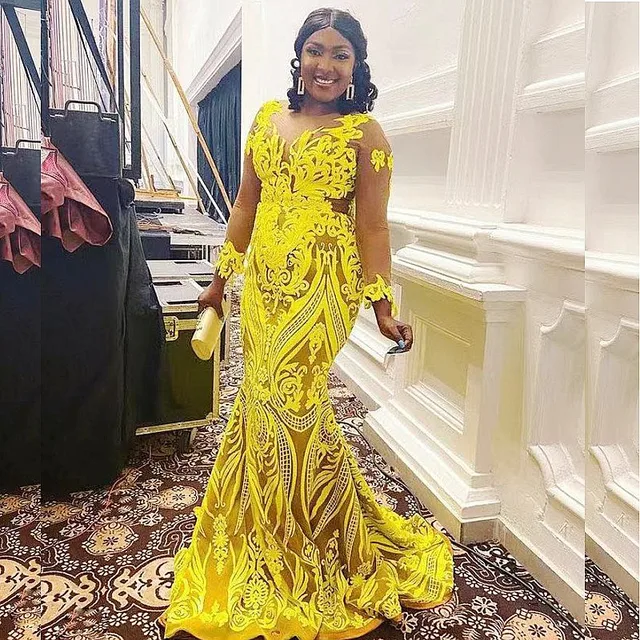 Yellow Lace Appliques Mermaid Evening 