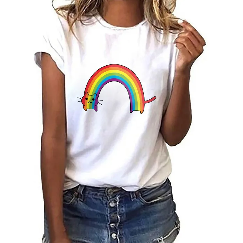 2021 Hot Sale Women Floral Fashion RAINBOW Print Tshirts Ladies Clothes T-Shirt | Женская одежда