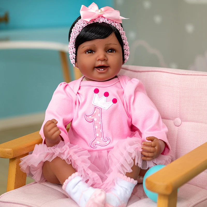 

55CM Black Skin African Reborn Baby Doll 22 Inch Soft Touch Real Looking Smile Girl Doll Children Baby Kids Playmate Toy Gifts