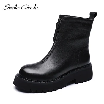 

Smile Circle Ankle Boots Women Platform shoes Genuine Leather Front zipper Casual Thick bottom Women Ladies Booties