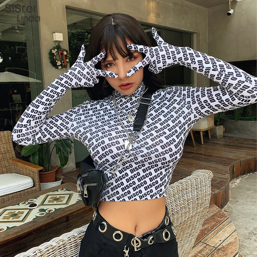 

Sisterlinda Letter Printing With Gloves T Shirt Women Full Sleeve Turtleneck Cropped Tops 2019Elastic High Street Pullovers Tees