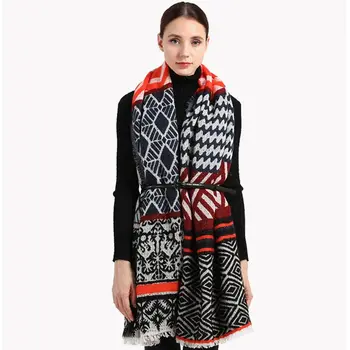 

200x70cm Womens Winter Oversized Thicken Large Scarves Ethnic Style Geometric Rhombus Printed Warm Knitted Blanket Shawl Wraps