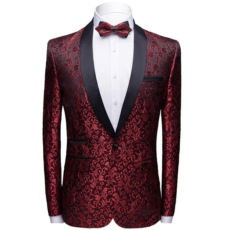 Wine Red Белый цветочный жаккардовый мужской свадебный пиджак, повседневный приталенный смокинг на одной пуговице, мужской пиджак с воротником-шалью, праздничный костюм для выпускного вечера - Цвет: Wine Red