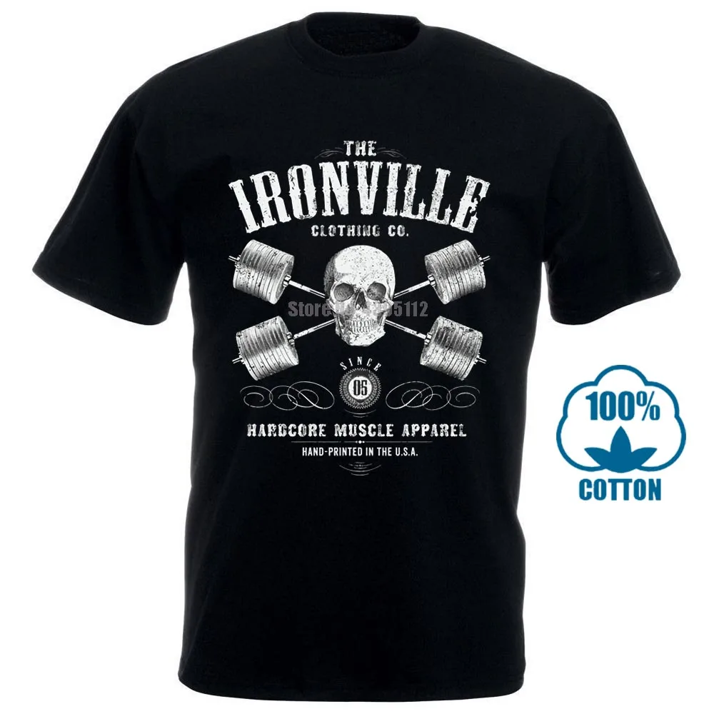 

Novelty Tee Shirts Men Short Sleeve Funny Design Ironville Heavy Iron Outlaw Skull Barbells Powerlifting T Shirt