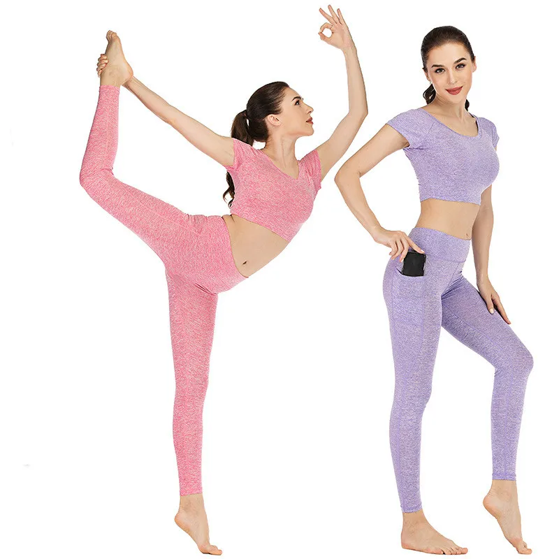 Midriff-baring спортивный костюм для женщин комплект из 2 предметов для йоги футболка+ брюки Быстросохнущий карман дизайн колготки леггинсы Женская спортивная одежда