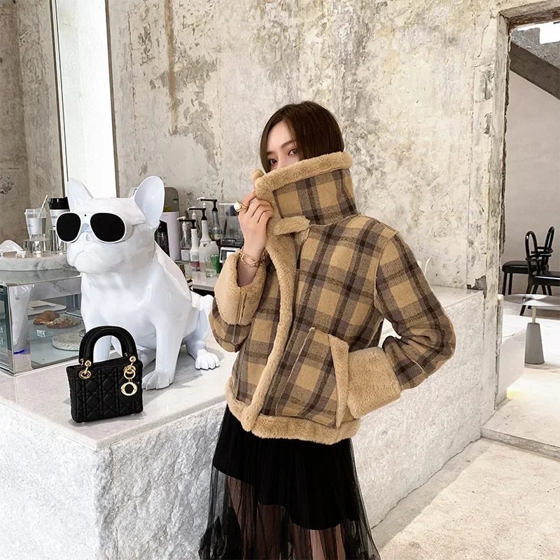 

2019 Autumn And Winter New Style Rabbit Plush Plaid Woolen Cropped Jacket Overcoat Short-height Jacket
