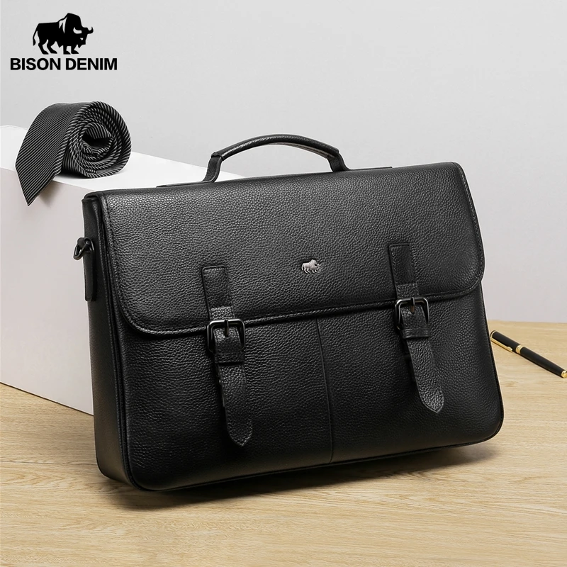 

BISON DENIM Genuine Leather Satchel Bag Men Messenger Bags 15.6" laptop Briefcase Vintage Business British Shoulder Bags W20044