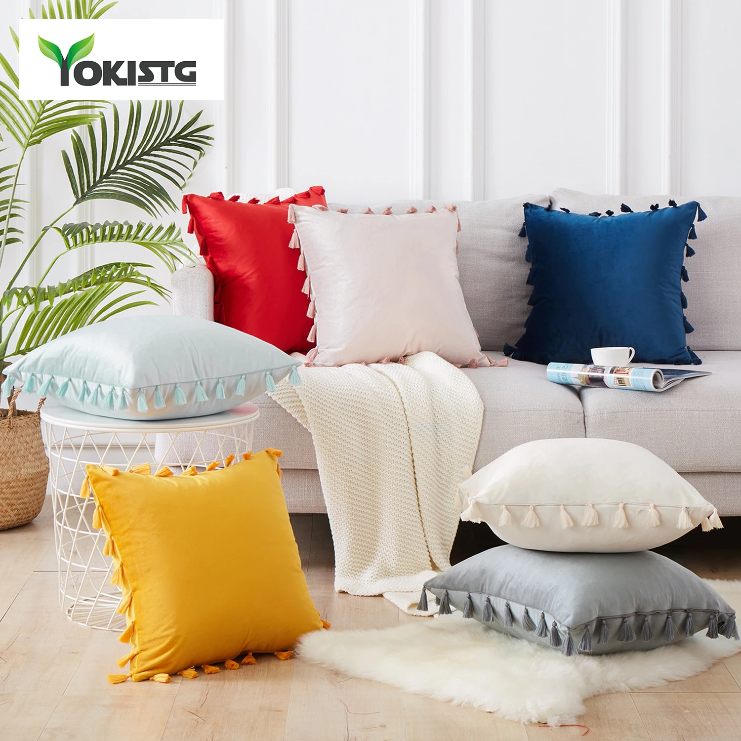 Мягкие однотонные бархатные наволочки YokiSTG декоративные Квадратные с кисточкой
