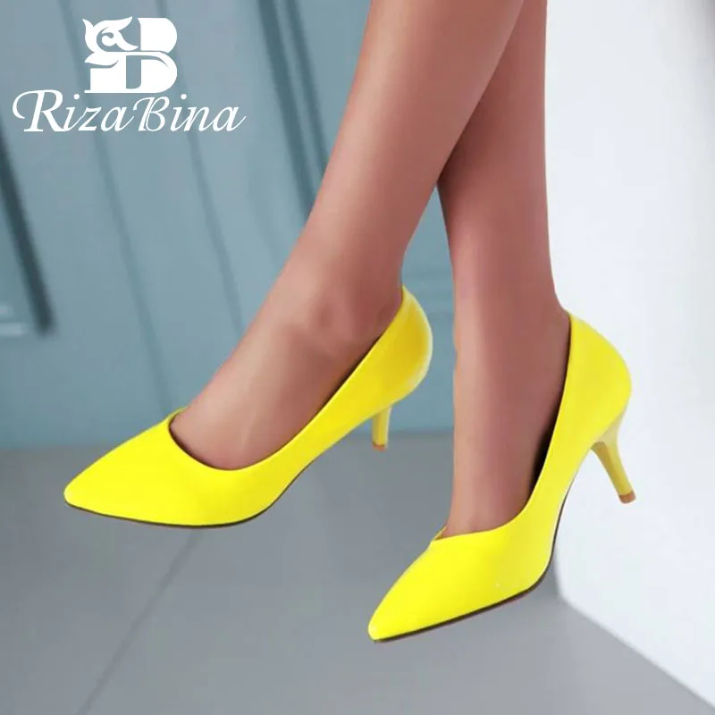 

RIZABINA Women Pumps Pointed Toe Thin Heel Slip On Simple Office Lady Shoes Solid Color Ladies Foot Wear White Size 34-39