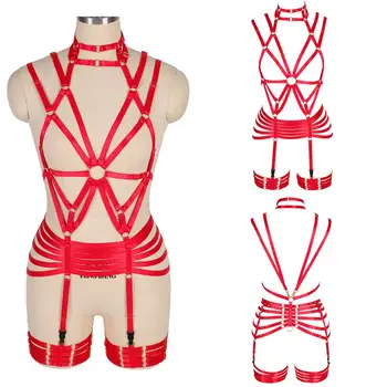 

Red Crop Top Harness Belt Lingerie Set Goth Punk Bondage Garter Belt Cage Strappy Adjust Party Rave Suspenders Sexy Women Bra