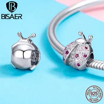 

BISAER Hot Sale 925 Sterling Silver Pink Body Ladybug Pendant For Bracelet Bangle Engagement Wedding Making Jewelry HSC1120