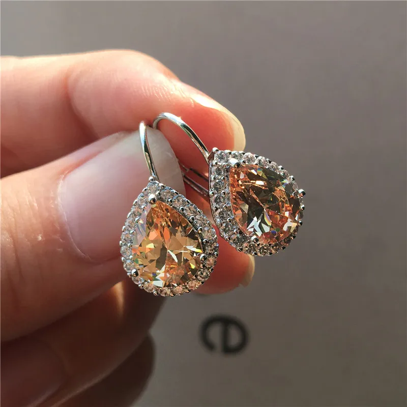 Charm Female Champagne Teardrop Earrings Silver Color Clip For Women Crystal White Blue Red Purple | Украшения и аксессуары