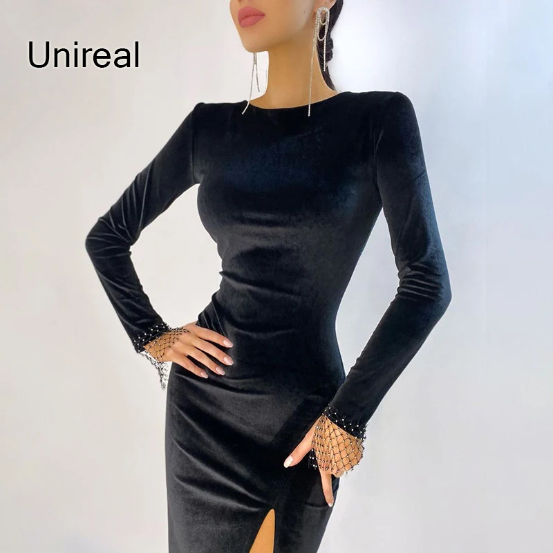 

Unireal 2022 Autumn Women Black Velvet Dress Long Sleeve Diamond Sexy Bodycon Slit Party Dress