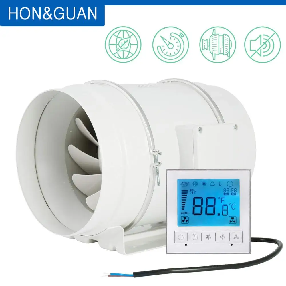 Hon&Guan 8 Inch Timer Extractor Inline Duct Fan with Smart Controller for Bathroom Ventilation Fan; HF-200PMZC