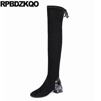 

lace up suede slim thigh women boots tall long plus size high heel 10 big custom black over the knee shoes 2019 quality chunky