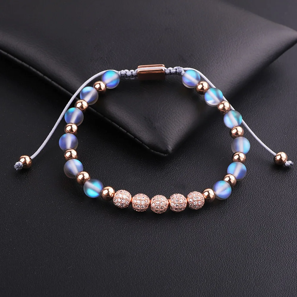 JARAVVI New Design Luxury CZ Pave Ball AB Grey Color Flash Glass Moonstone Stainless Steel Beads Macrame Bracelet Women - Image 2