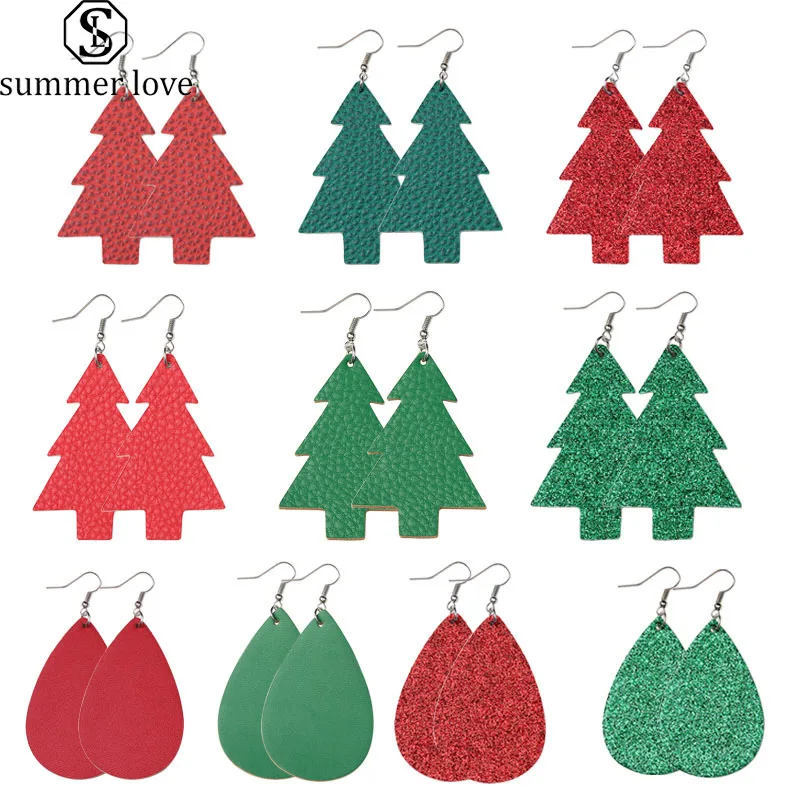 

Boho Red Green Glitter Christmas Tree Earrings Trendy Faux Leather Earrings for Women Earing Christmas Jewelry Accesorios Mujer