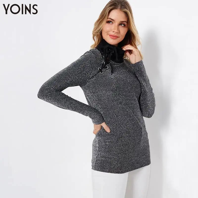 YOINS, осенне-зимние женские блузки, черные, облегающие, самозавязывающиеся, с дымоходным воротником, с длинным рукавом, рубашки, блестящие, серебристые, для чтения, блузы