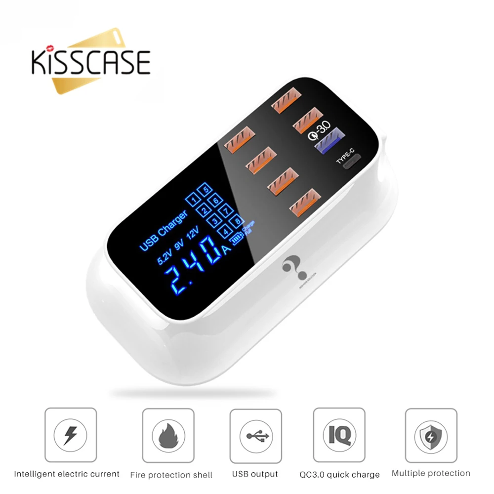 6USB+ 1Type-c+ 1 QC3.0 цифровой дисплей быстрое зарядное устройство для iPhone 7 11 8 6 EU US UK Plug Phone 2.4A быстрое зарядное устройство для samsung S10 S9