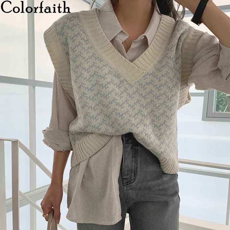 

Colorfaith 2020 New Autumn Winter Women Sweaters Pullover V-Neck Sleeveless Vest Knitting Korean Oversize Wild Knitwear SWV18191