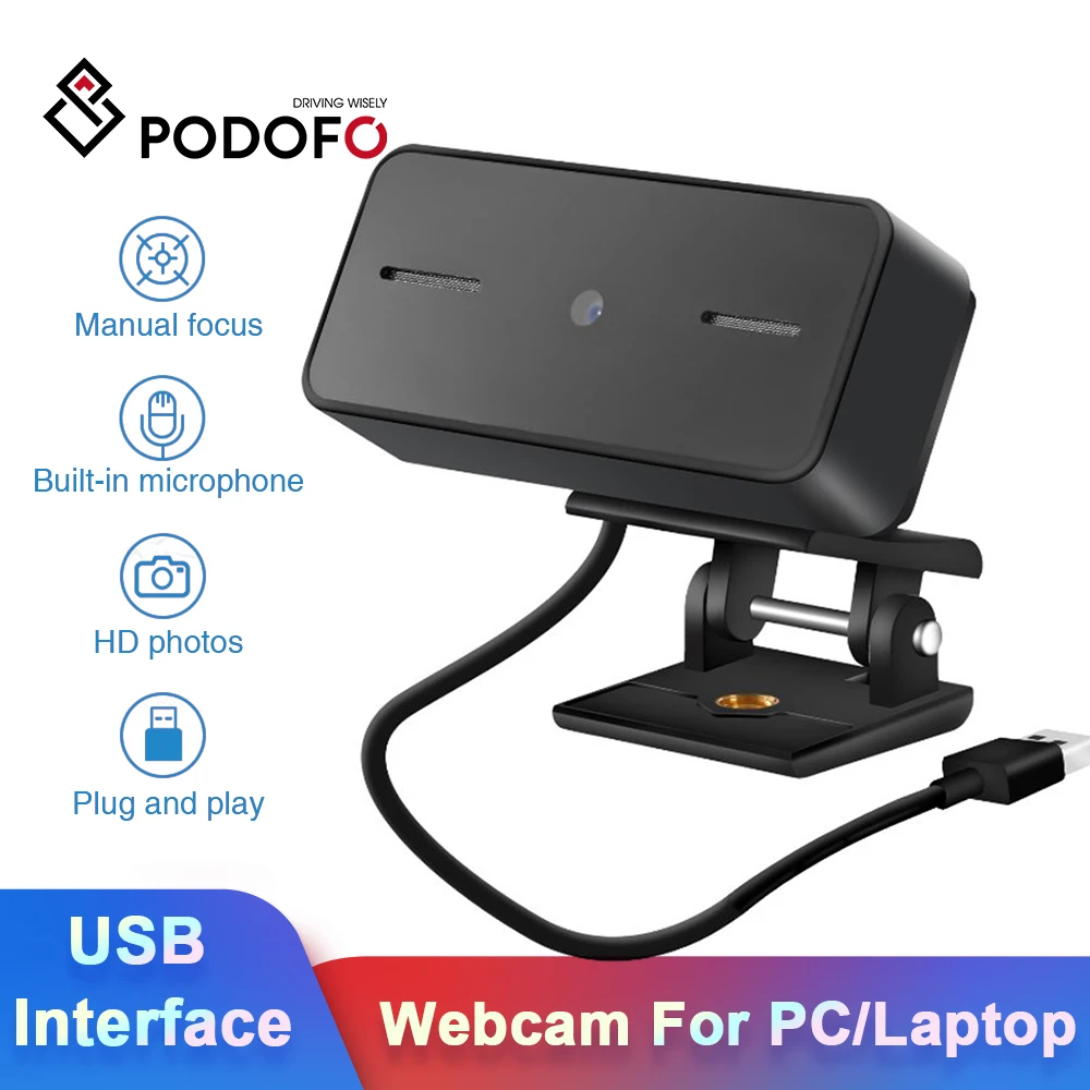 Podofo Webcam HD 1080p webcam Cover For Laptops/PC Built-in Microphone Web Camera USB Digital Plug Interface laptops | Компьютеры и