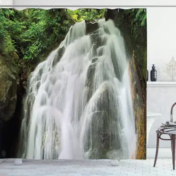 

Waterfall Decor Collection, Surprise Waterfall in Jungle Shrubs Water Splashes Pattern, Polyester Fabric Bathroom Shower Curtain