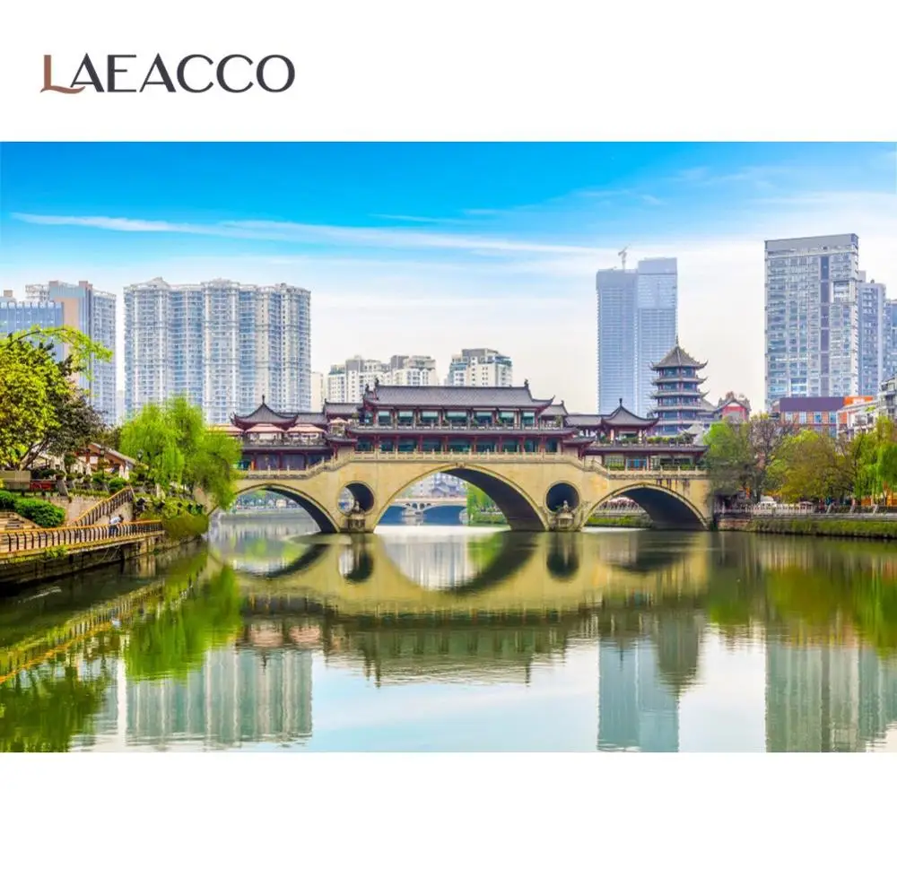 

Vinyl Backdrops For Photography Old Vintage Orient Buildings Bridge Modern City River Green Scenic Photo Background Photo Studio